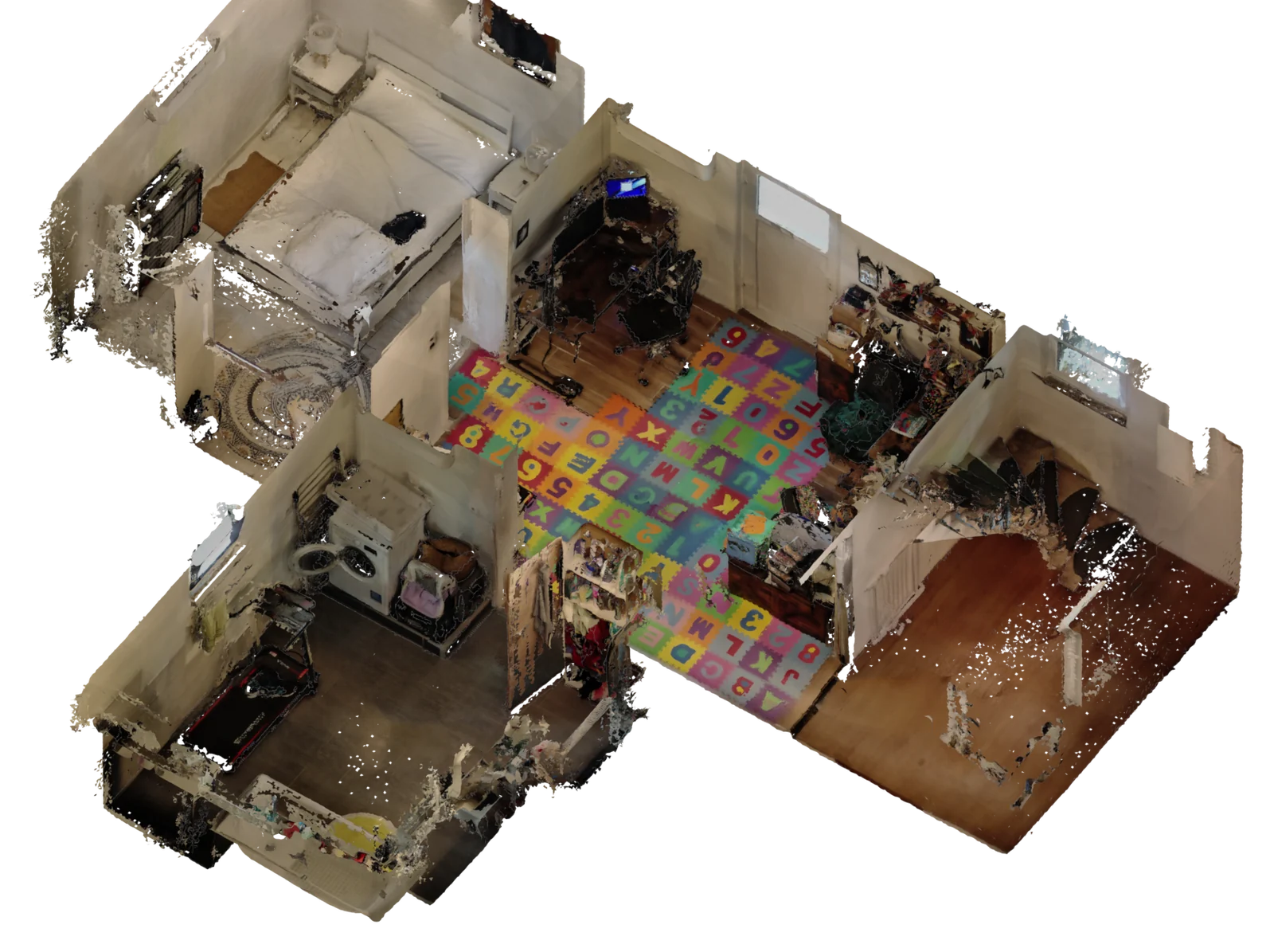 A textured 3D model of a four-room ground floor, seen from above with the ceiling cut away