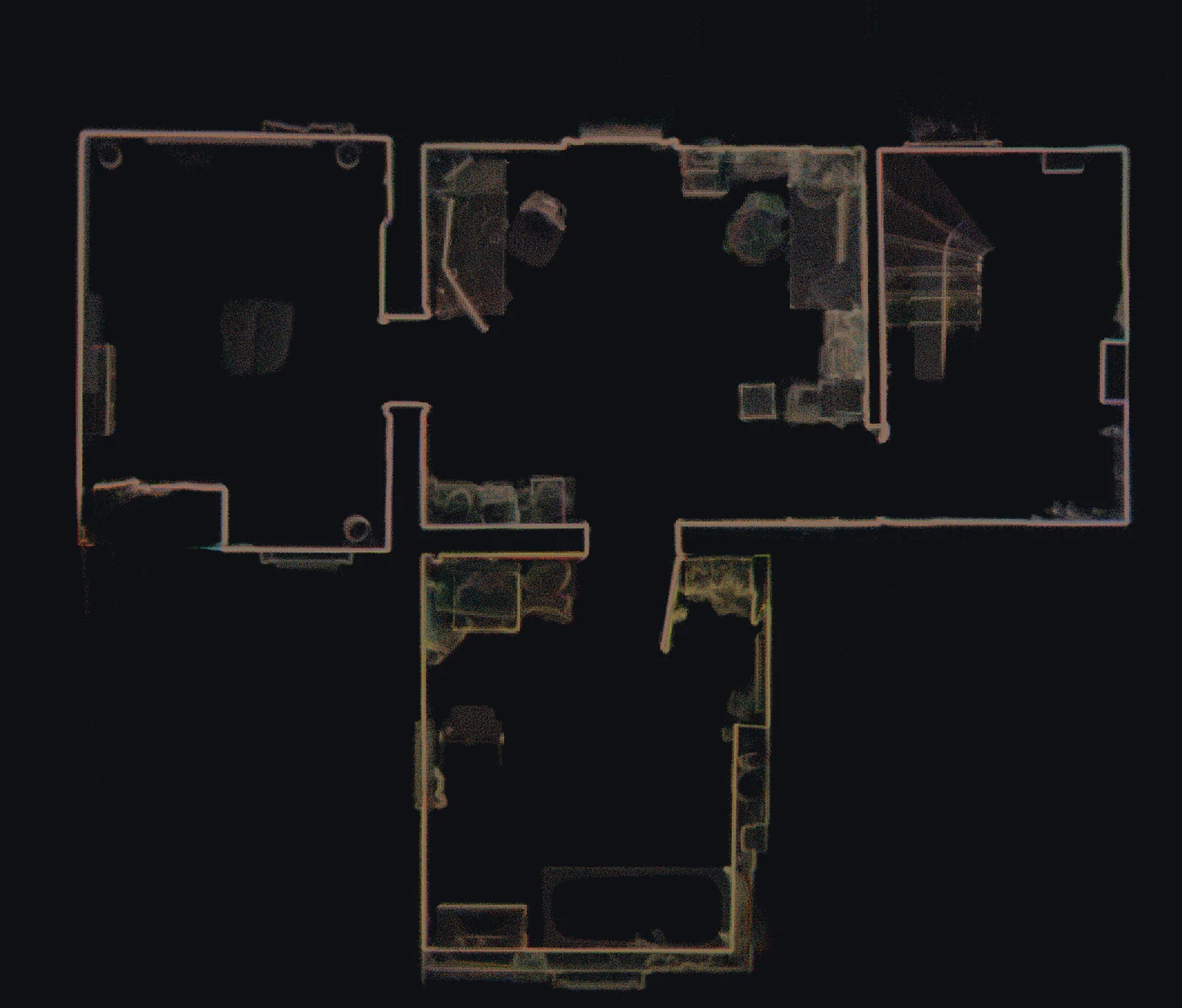 Top-down slice through a four-room floor. Left of the divider, red trails show people and movement; right of it, only walls and furniture remain.